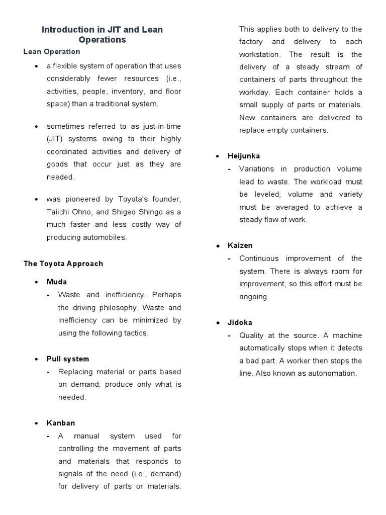 Introduction In Jit And Lean Operations Pdf Lean Manufacturing