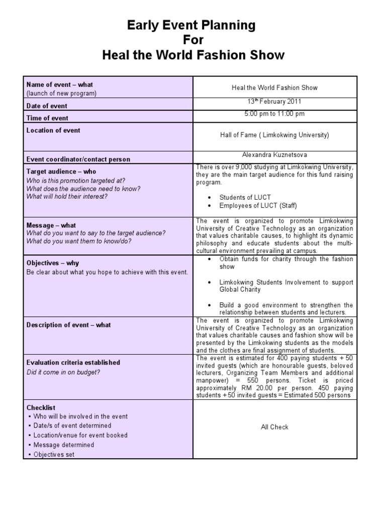 Early Event Planning Template Charitable Organization Business