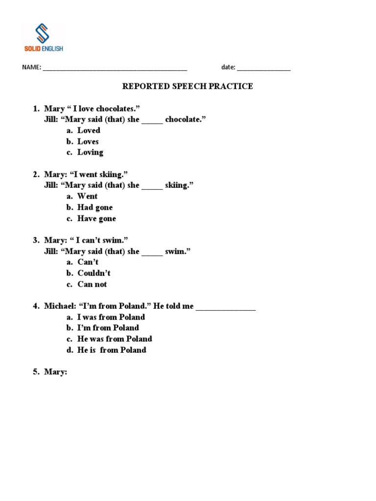 Reported Speech Worksheet PDF