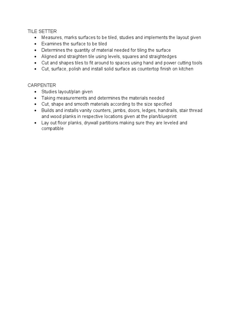 Work Description of Carpenter and Tile Setter PDF