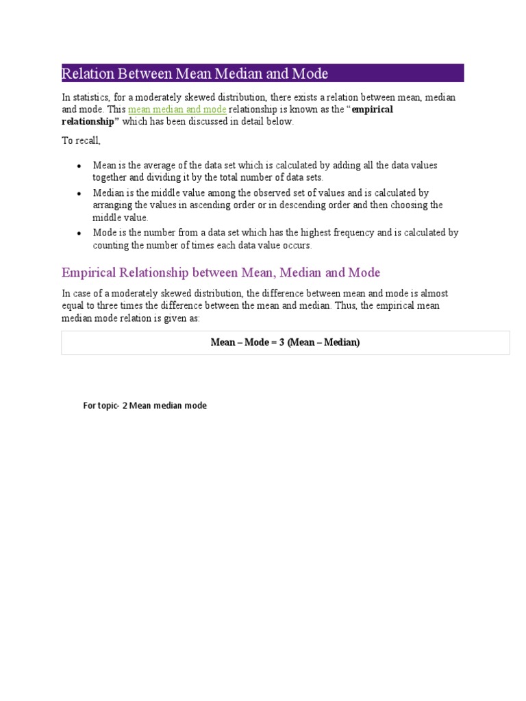 Relation Between Mean Median and Mode | PDF