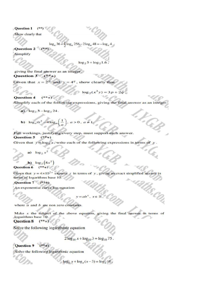 120 Logarithm Questions PDF