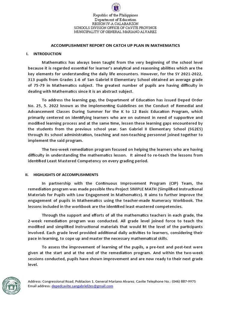 Accomplishment report in mathematics pdf learning mathematics
