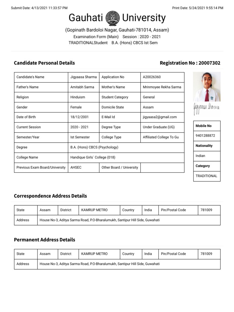 Gauhati University Exam Form Download PDF