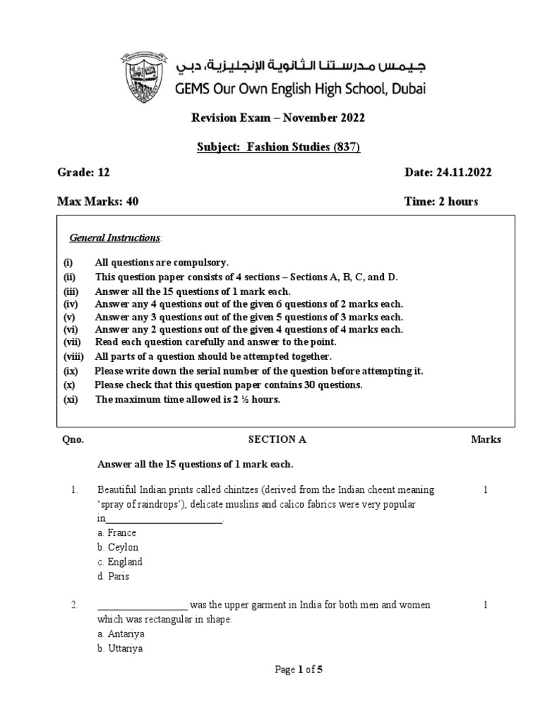 Fashion Studies Gr.12 - Nov Revision Exam 2022 | PDF | Textiles | Clothing