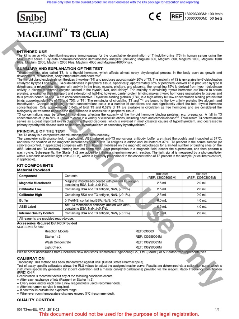 For Reference Use Only Maglumi T3 (Clia) PDF Medical Specialties