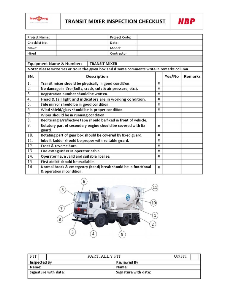 Transit Mixer Inspection Checklist | PDF