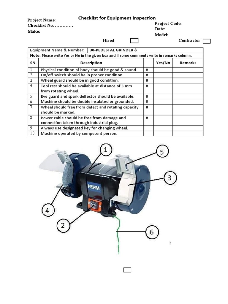 Checklist For Equipment Inspection Pedestal Grinder PDF