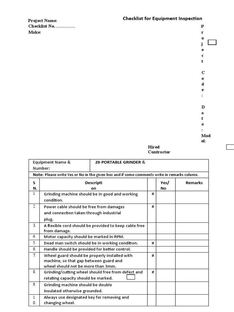 Checklist For Equipment Inspection Portable Grinder PDF Grinding