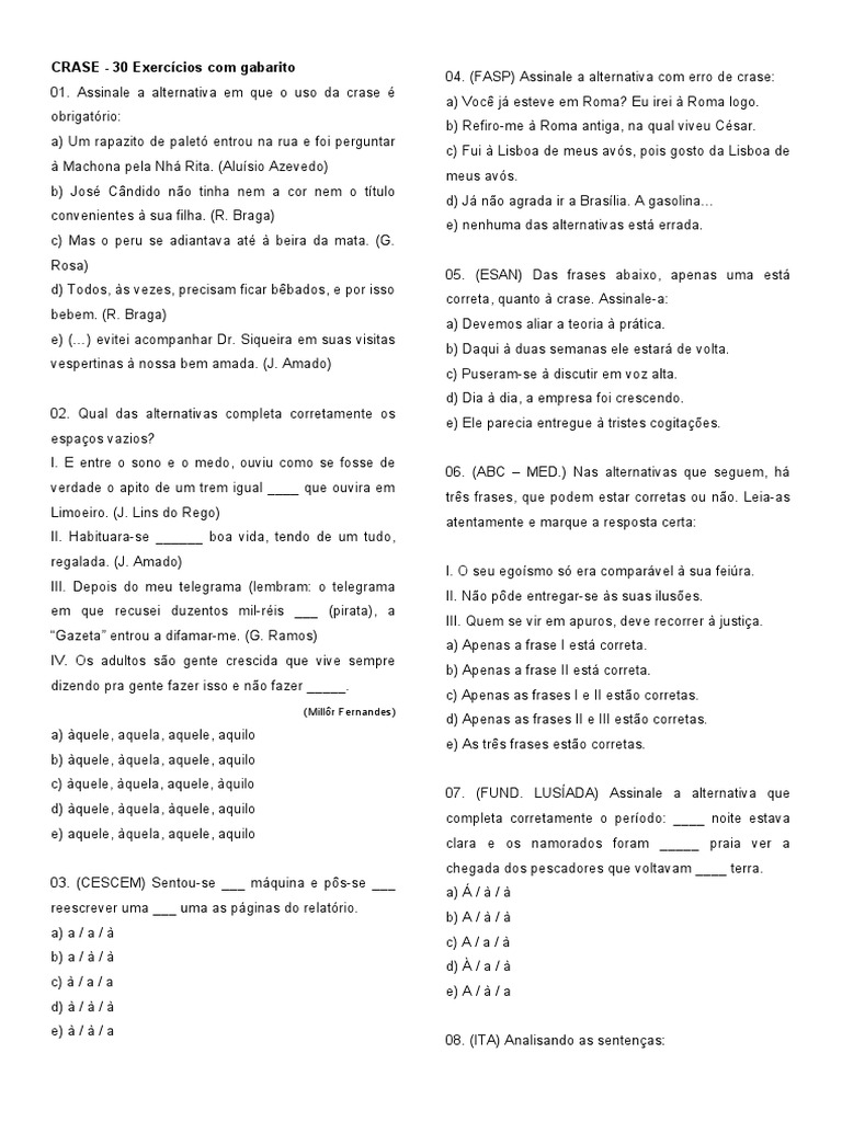 Resolução de 30 exercícios sobre crase com gabarito | PDF | Linguística
