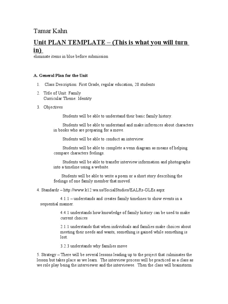 First Grade Family Unit Plan | PDF | Interview | Classroom