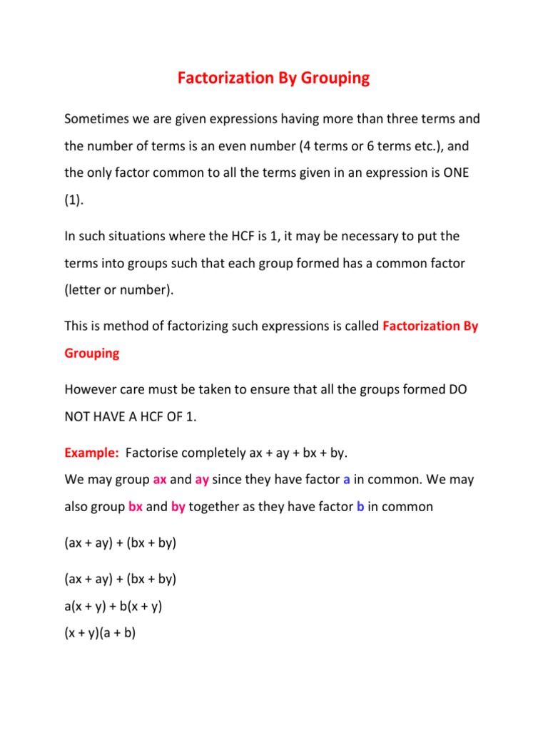 MathematicsFactorization by Grouping (10 Miller) PDF