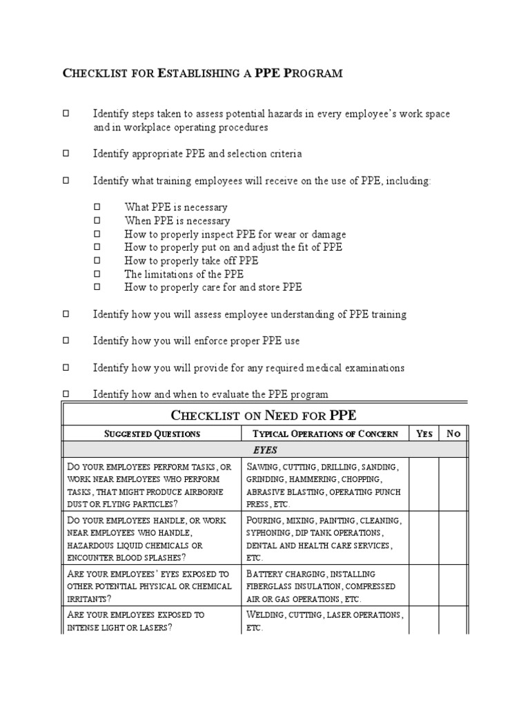 Checklist For Establishing A PPE Program | PDF | Home & Garden ...