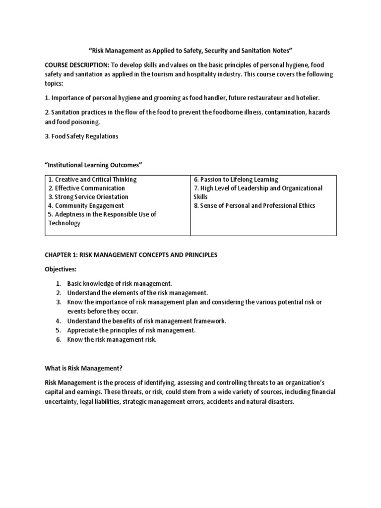 Risk Management As Applied To Safety Security and Sanitation Notes