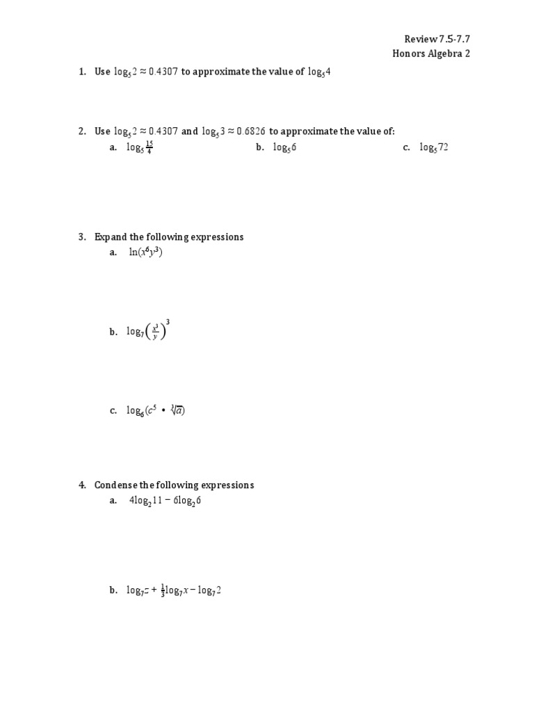 Honors Algebra 2 Logarithms Review | PDF | Science & Mathematics