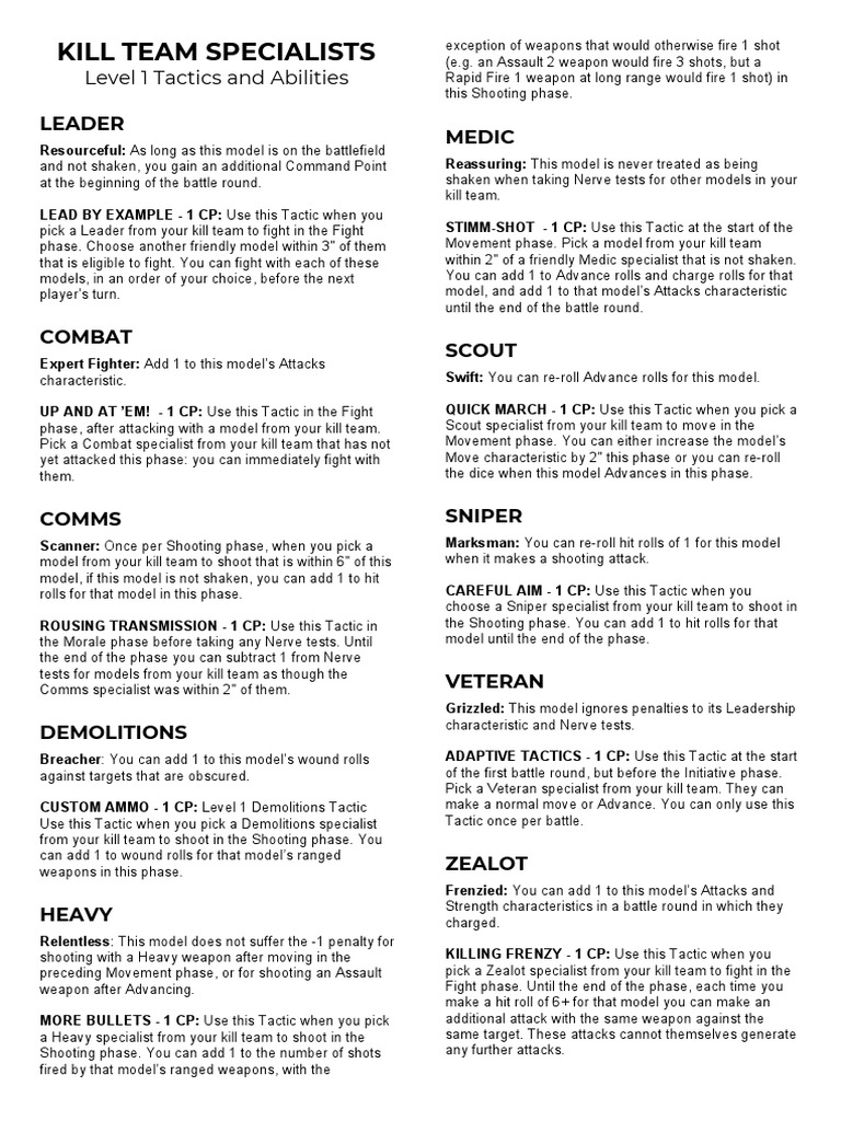 Kill Team Specialists - Level 1 Tactics and Abilities | PDF | Military ...