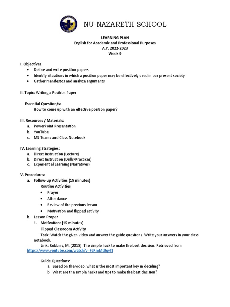 Position Paper Writing Guide 2022-2023 | PDF | Essays | Learning