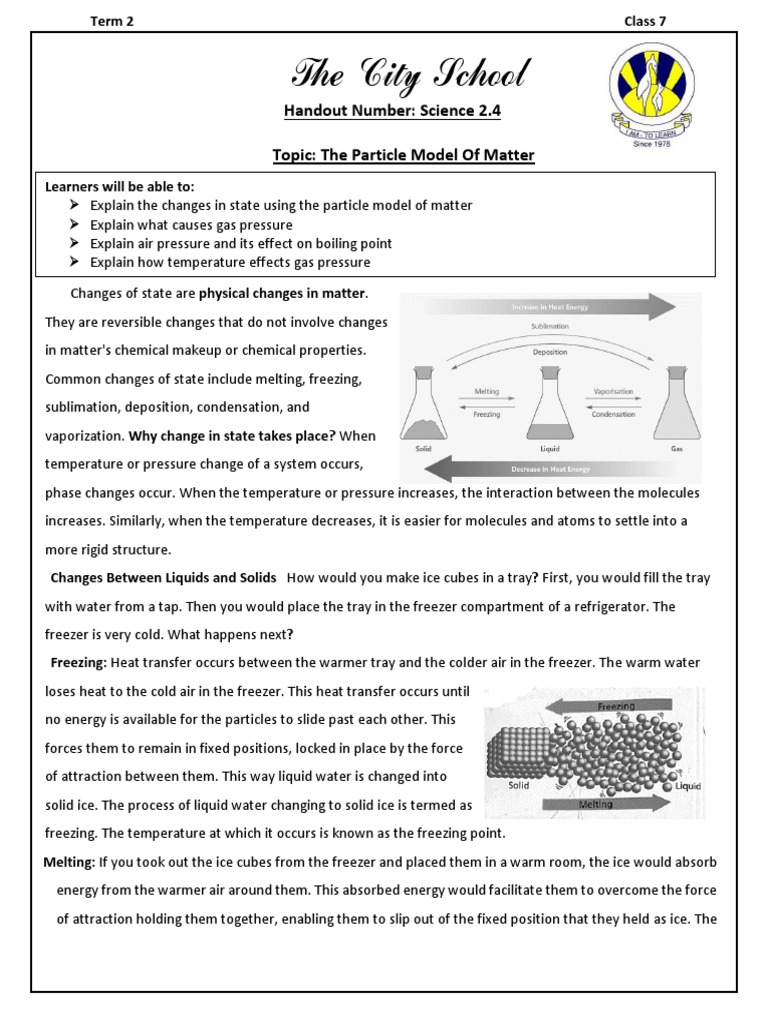 Handout # 2.4 Particle Model For Matter | PDF | Gases | Pressure