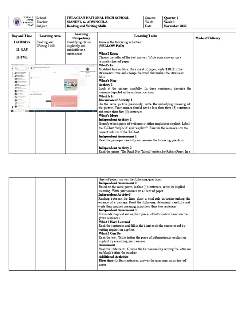 Weekly Learning Plan: Reading Skills | PDF | Learning | Psychology