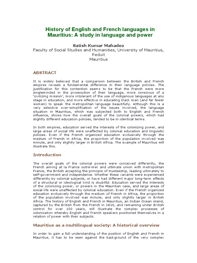 History of English and French Languages in Mauritius A Study in
