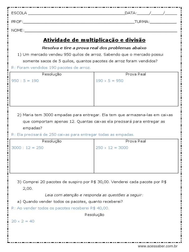Atividades de Multiplicação e Divisão 5º Ano | PDF | Métodos e ...