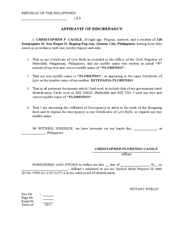 Affidavit of Discrepancy for Name Correction | PDF