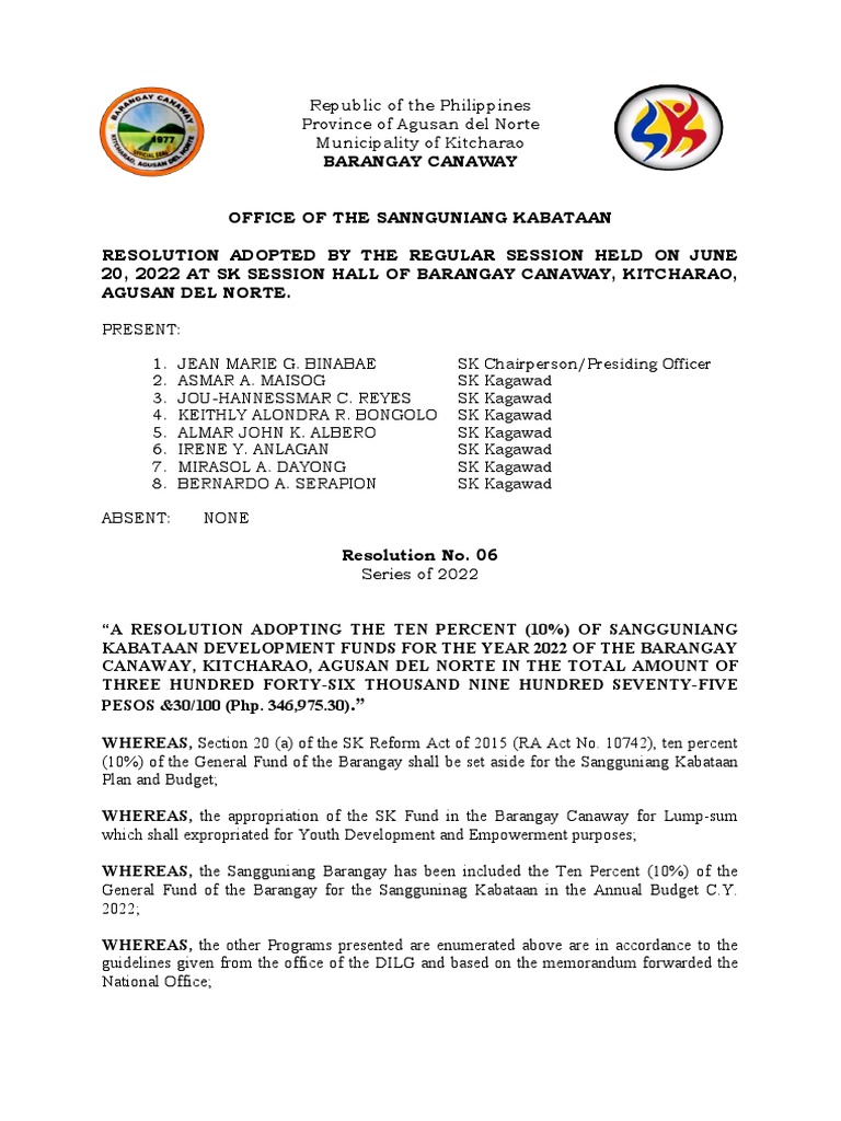 Resolution Adopting the Ten Percent Allotment of the Sangguniang ...