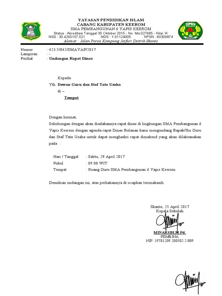 Undangan Rapat Guru SMA | PDF