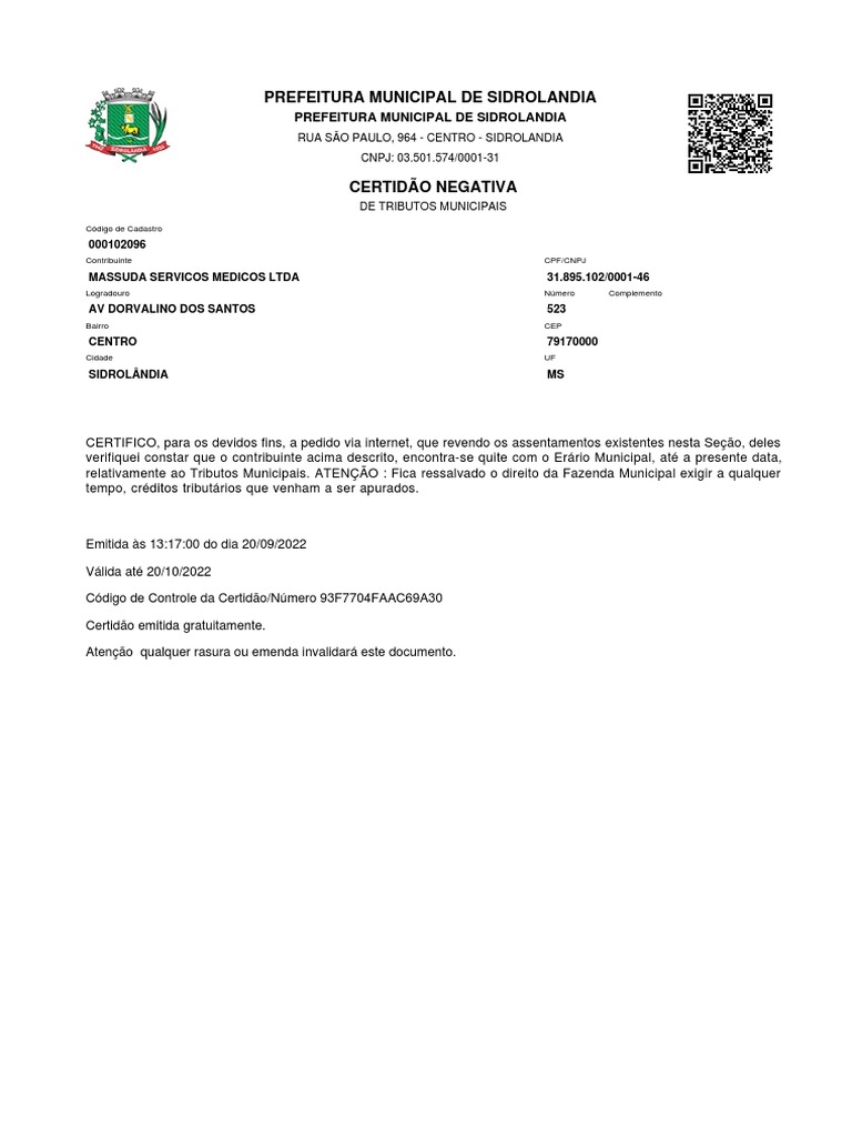 Certidão Negativa Municipal Ji Paraná – YNAK