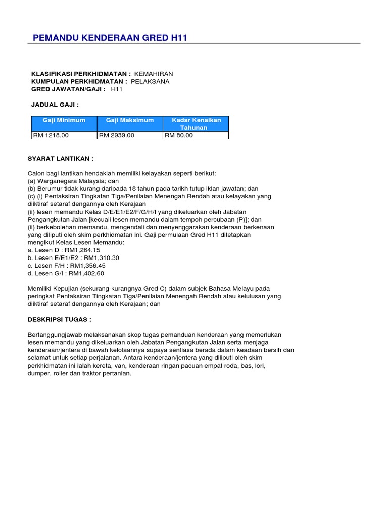 Pemandu Kenderaan Gred H11 | PDF