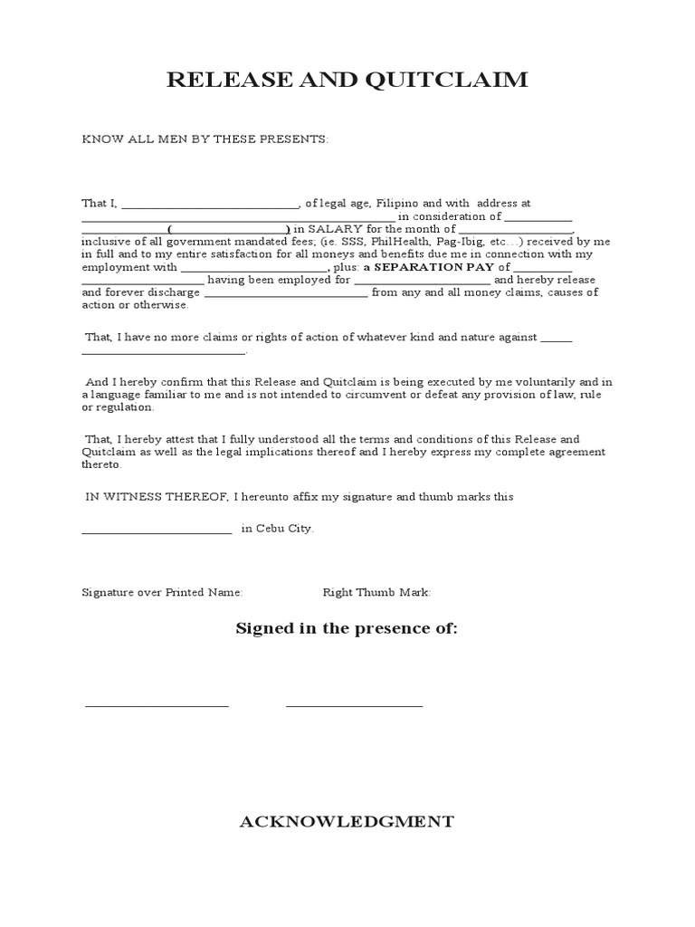 RELEASE AND QUITCLAIM - BASIC | PDF | Common Law | Government