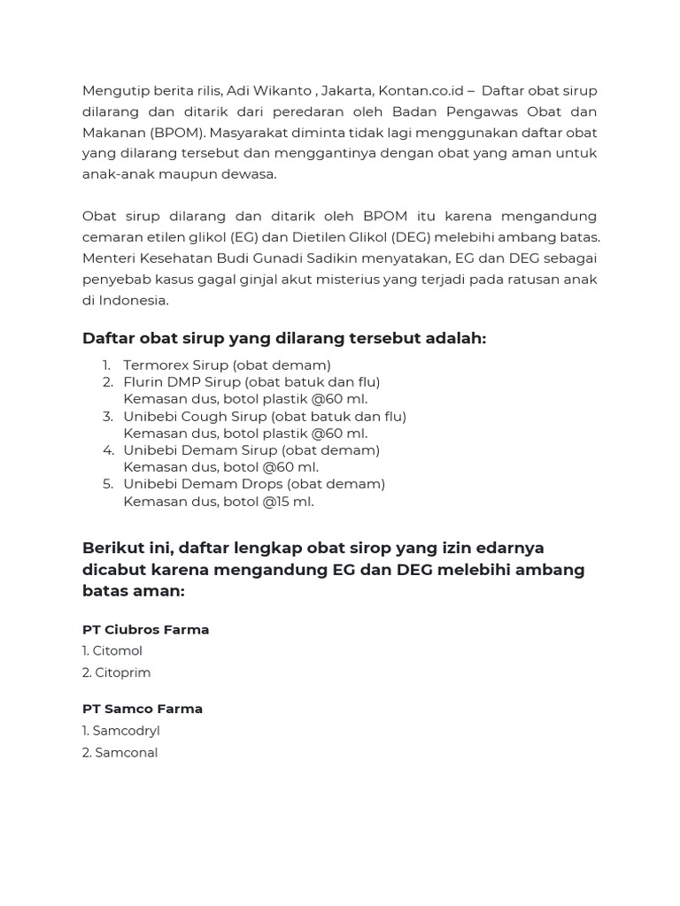Daftar Obat Syrup Yang Dilarang BPOM PDF