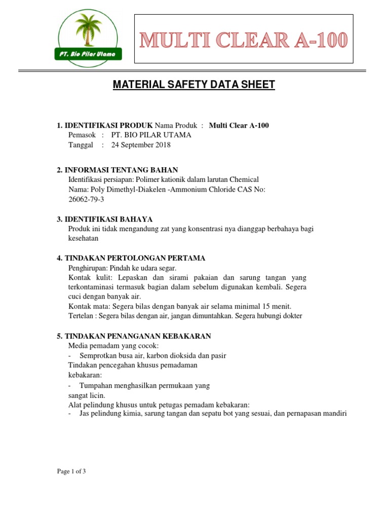 MSDS Multi Clear A-100 dan Keamanannya | PDF | Sains & Matematika ...