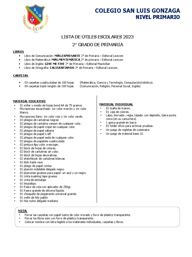 Útiles Escolares 2° Grado 2023 | PDF | Materiales de Conservación y ...