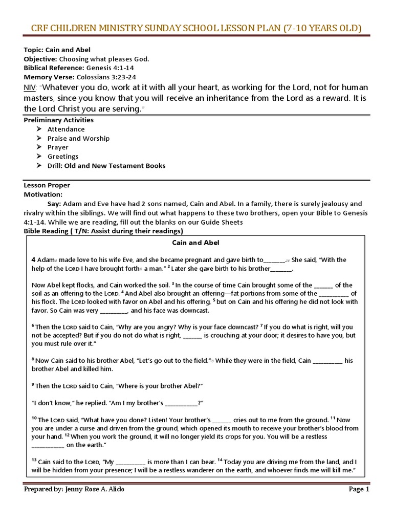 Cain and Abel Sunday School Lesson Plan | PDF | Cain And Abel | Adam ...