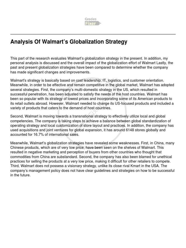 Analysis of Walmart's Globalization Strategy PDF Walmart Globalization