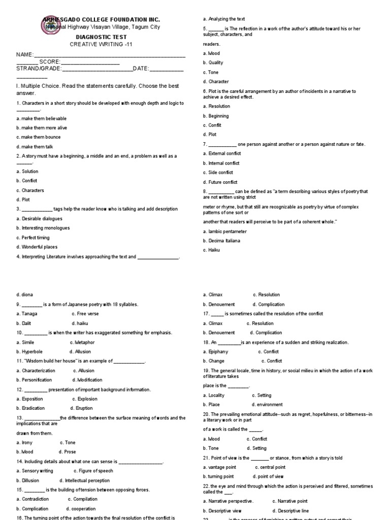 Creative Writing Diagnostic Test PDF Irony Poetry