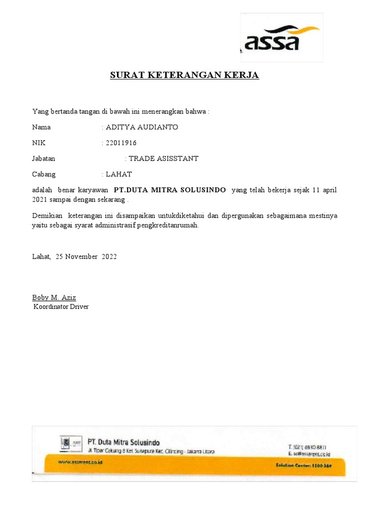 Surat Keterangan Kerja | PDF