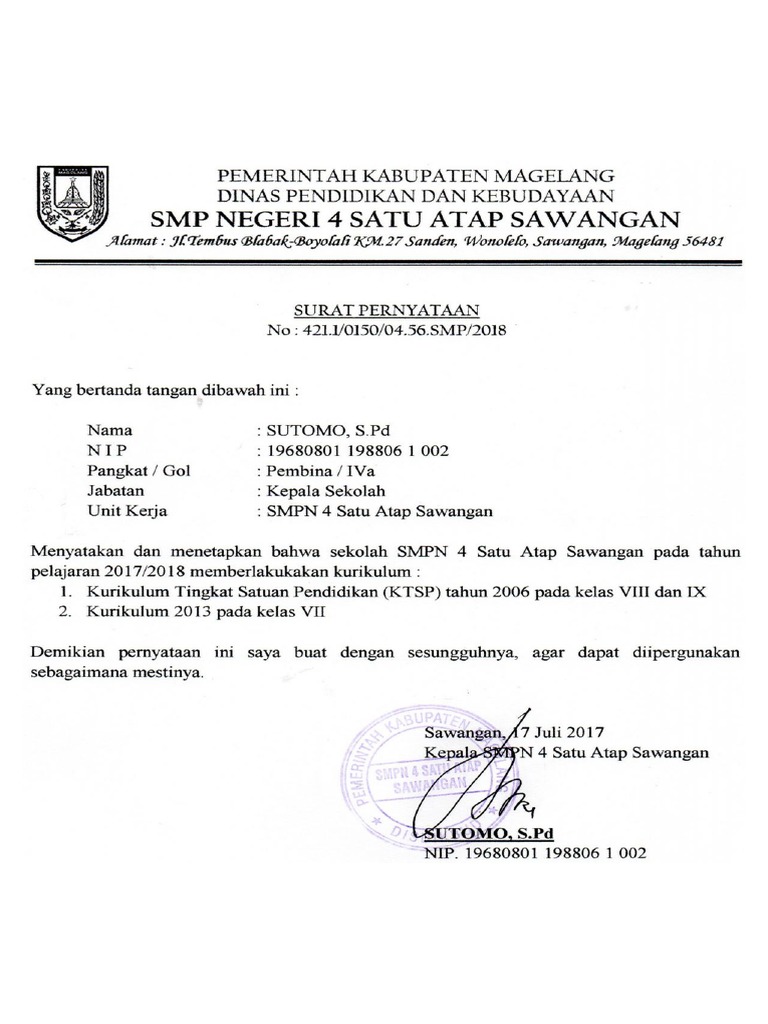 Surat Pernyataan Pemberlakuan Kurikulum Satap Pdf
