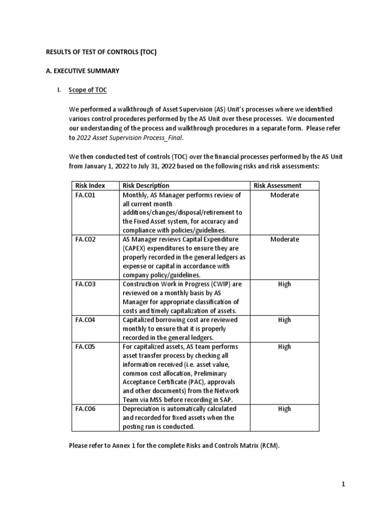 Test of Controls Results for Asset Supervision | PDF | Power Supply ...