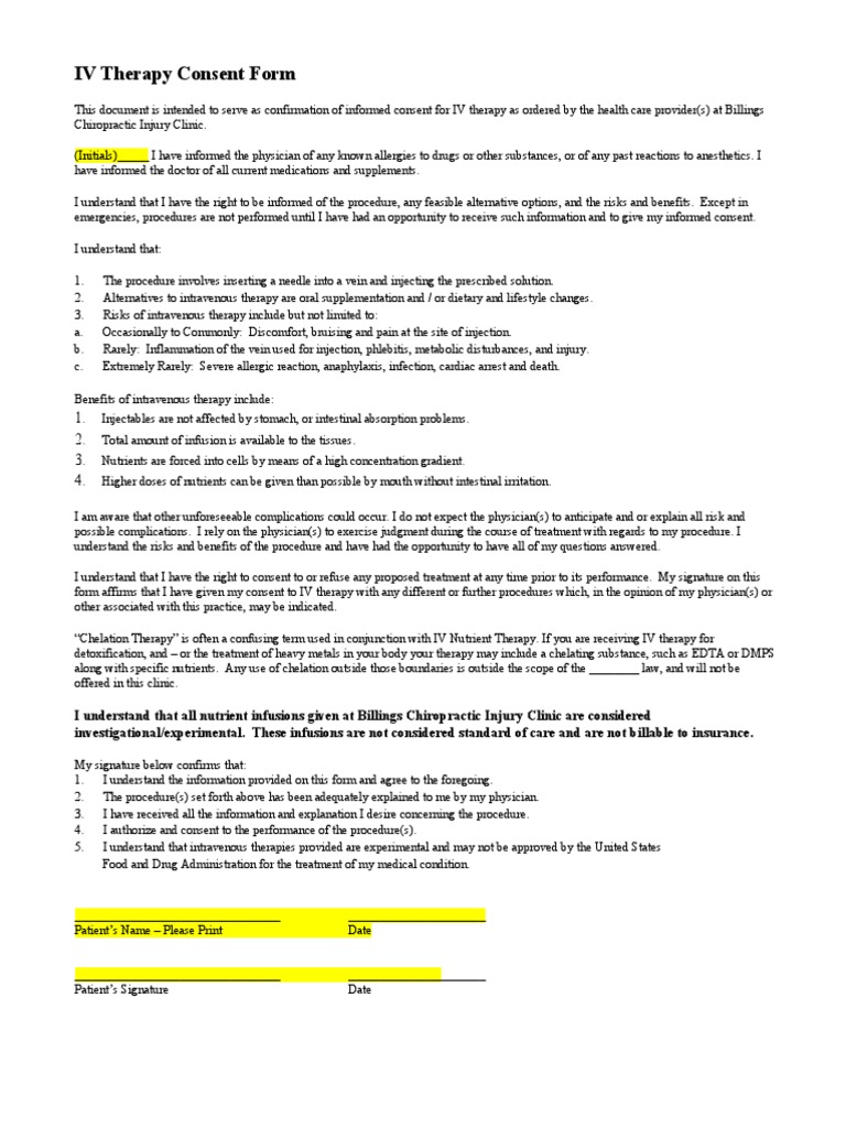 IV Therapy Informed Consent Form | PDF | Intravenous Therapy