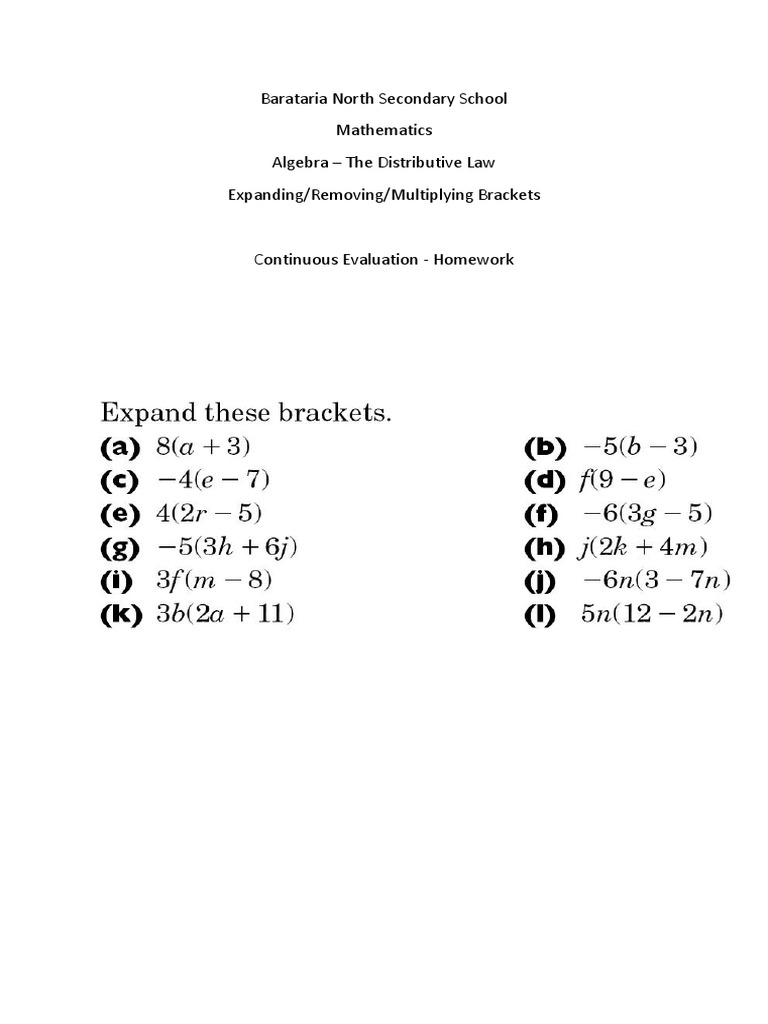 Algebra The Distributive Law Expanding Brackets 1 PDF