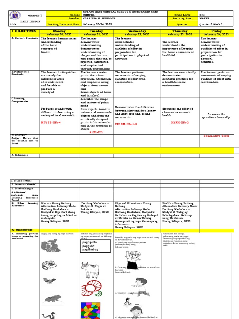 Daily Lesson Log for Grade 1 MAPEH | PDF | Learning | Cognitive Science