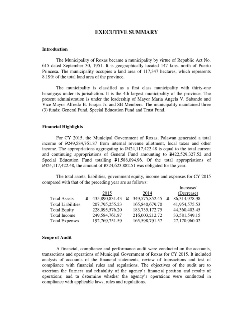 Roxas Executive Summary 2015 PDF Financial Audit Financial Statement