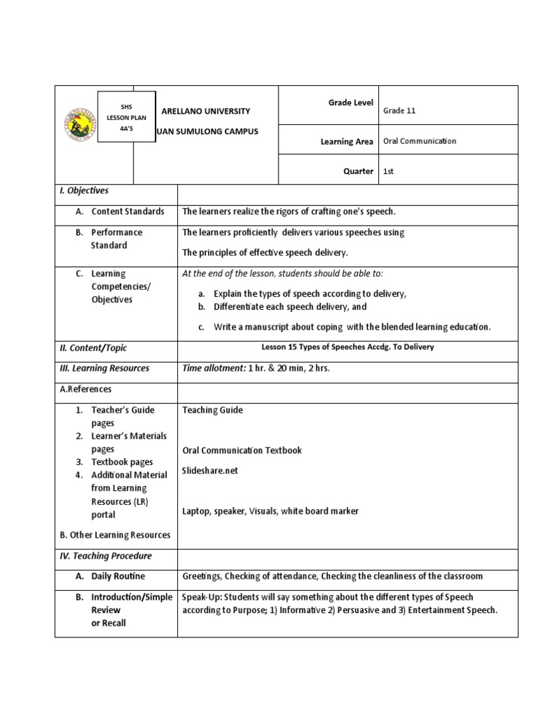 Types of Speech Delivery for Grade 11 | PDF | Learning | Teachers