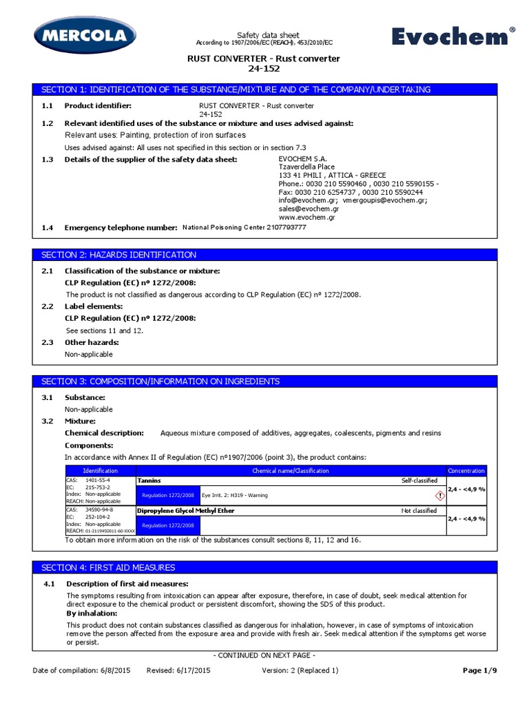 MSDS Rust Converter 2016 en | PDF | Firefighting | Toxicity
