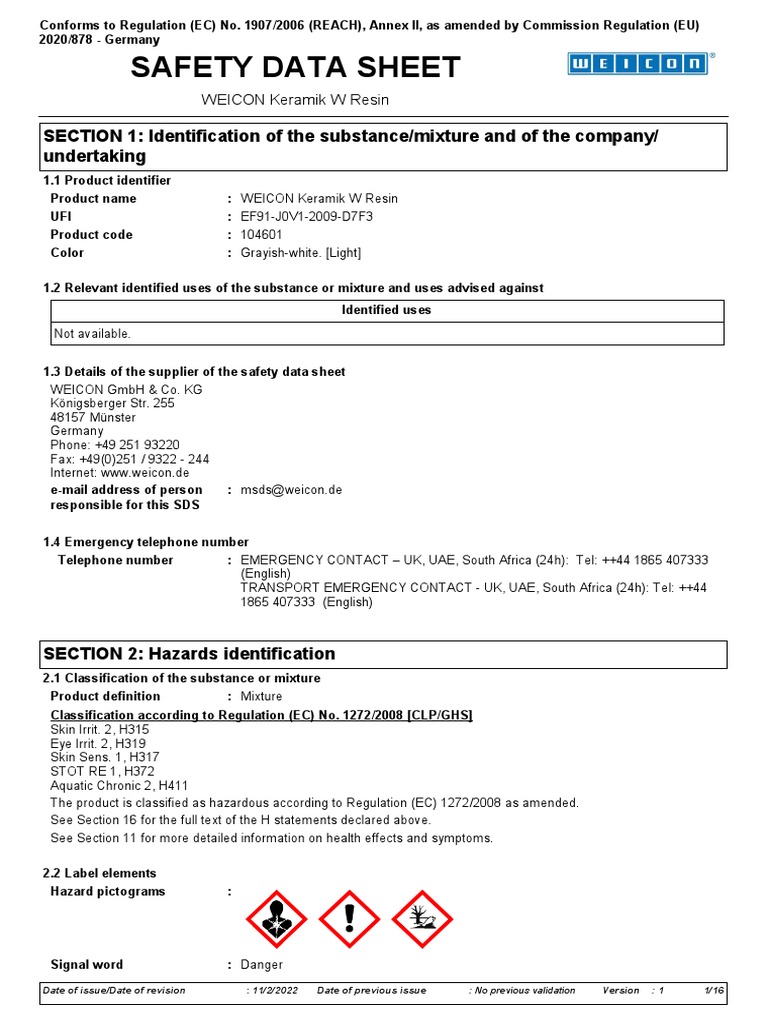 MSDS 104601 DE EN WEICON+Keramik+W+Resin PDF Physical Sciences