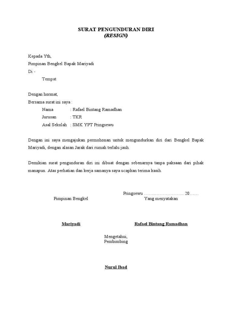 Surat Pengunduran Diri Resign | PDF