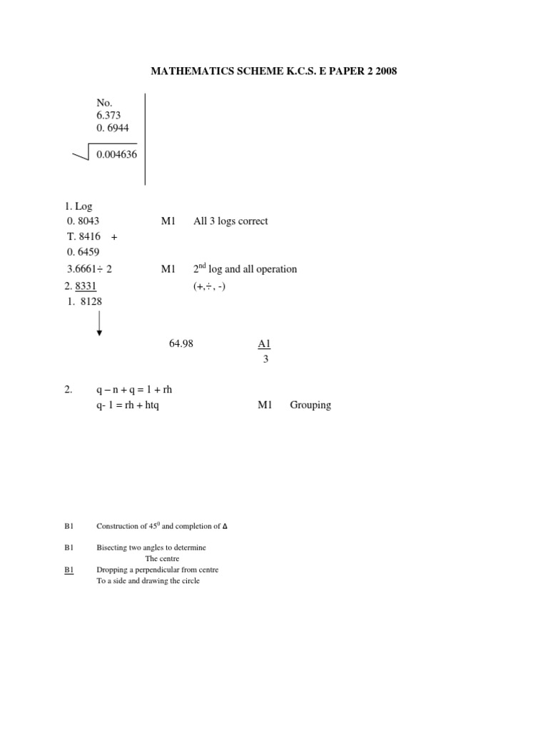 KCSE 2008 Mathematics Paper 2 Marking Scheme | PDF | Mathematics ...