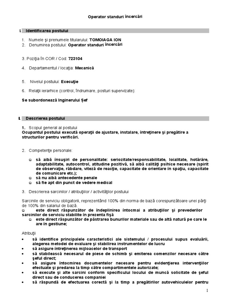 Fisa Postului Pentru Operator Standuri Incercari | PDF